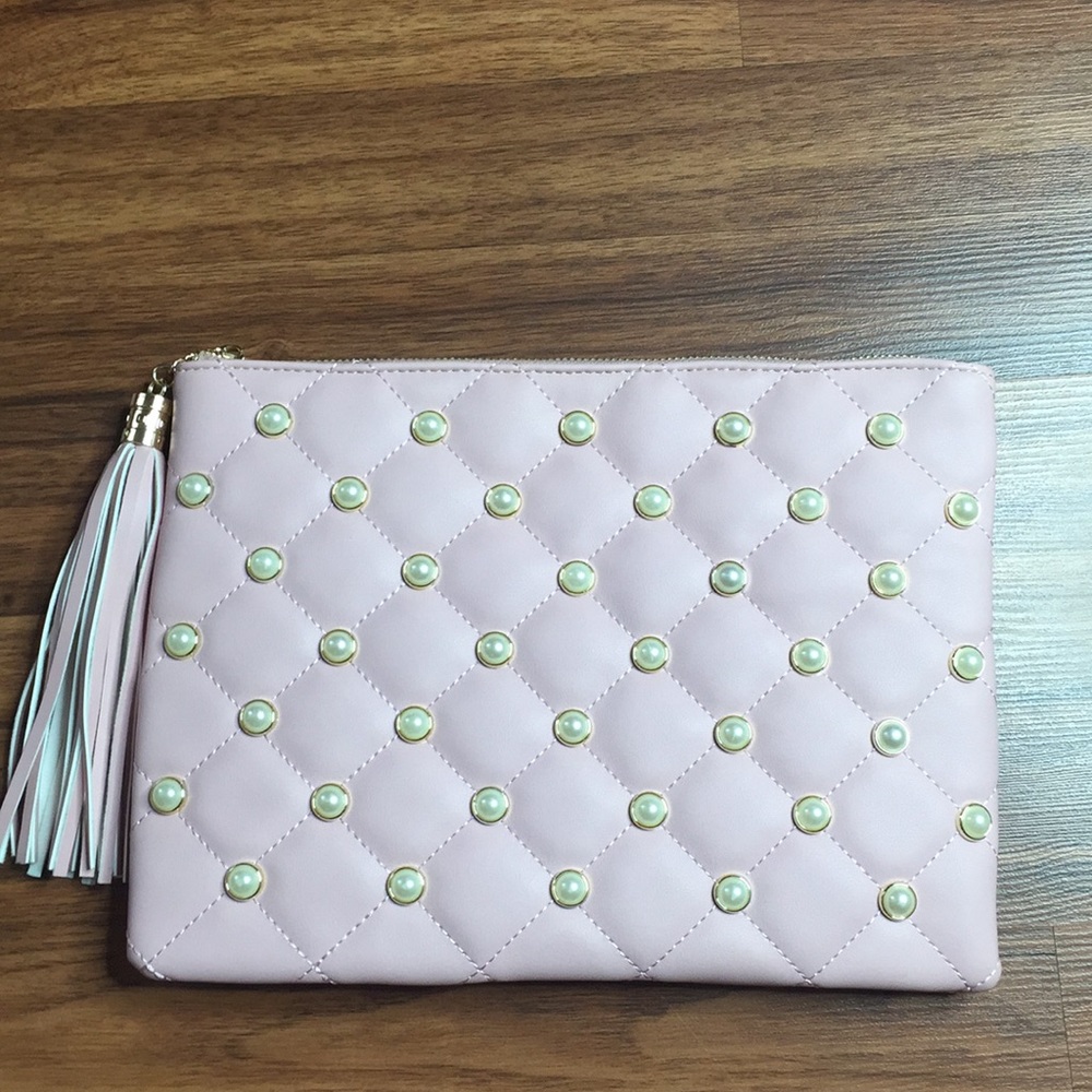 Pink Quilted Pearl Studded Clutch